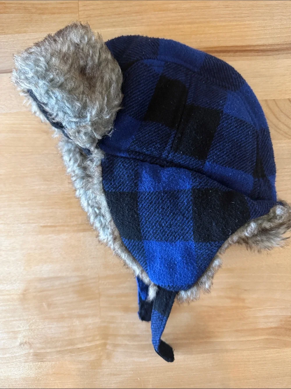 Kids Blue and Black Plaid Faux-Fur Trapper Hat